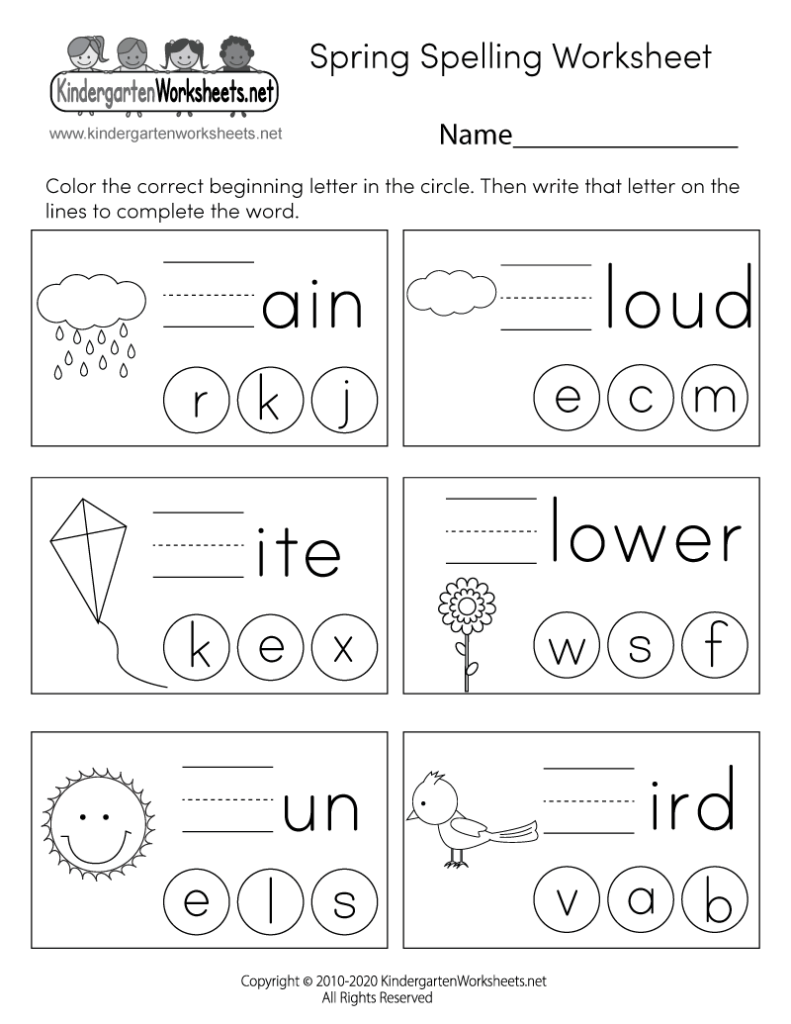 Spring spelling worksheet with six picture word puzzles