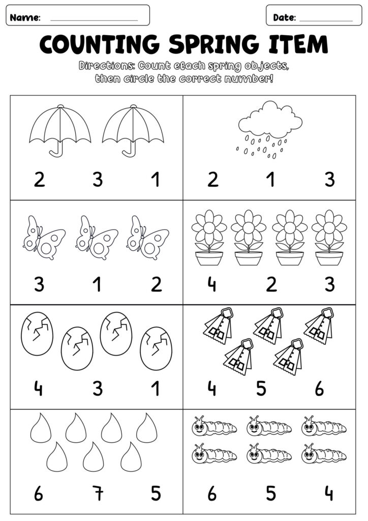 Spring counting worksheet with pictures and numbers