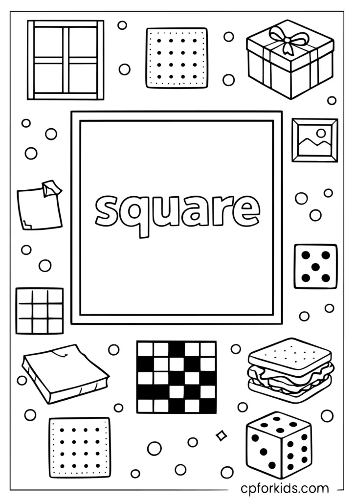 Square worksheet with assorted square objects and the word square