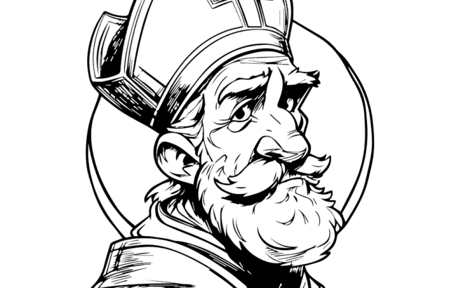 Black-and-white illustration of a bearded bishop