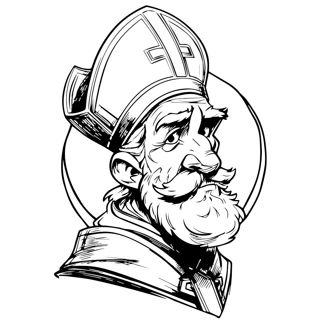 Black-and-white illustration of a bearded bishop