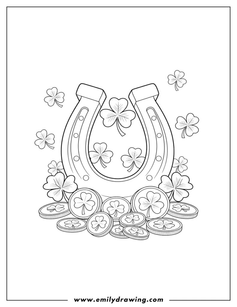 Horseshoe with shamrocks and coins coloring page