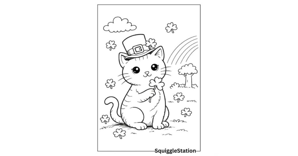 Cat wearing leprechaun hat holding shamrock outdoors