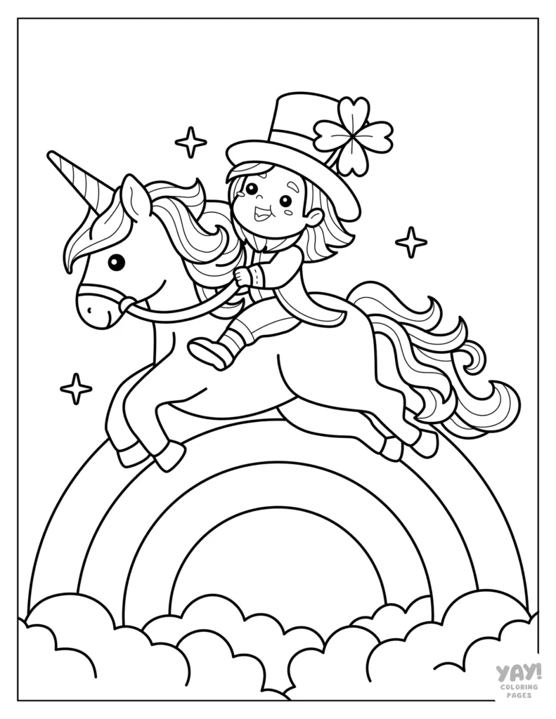 Cartoon child riding unicorn over rainbow clouds