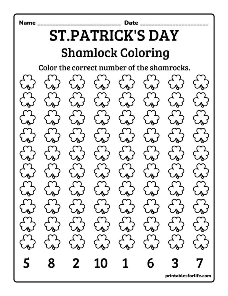 St. Patrick’s Day shamrock coloring worksheet with numbers
