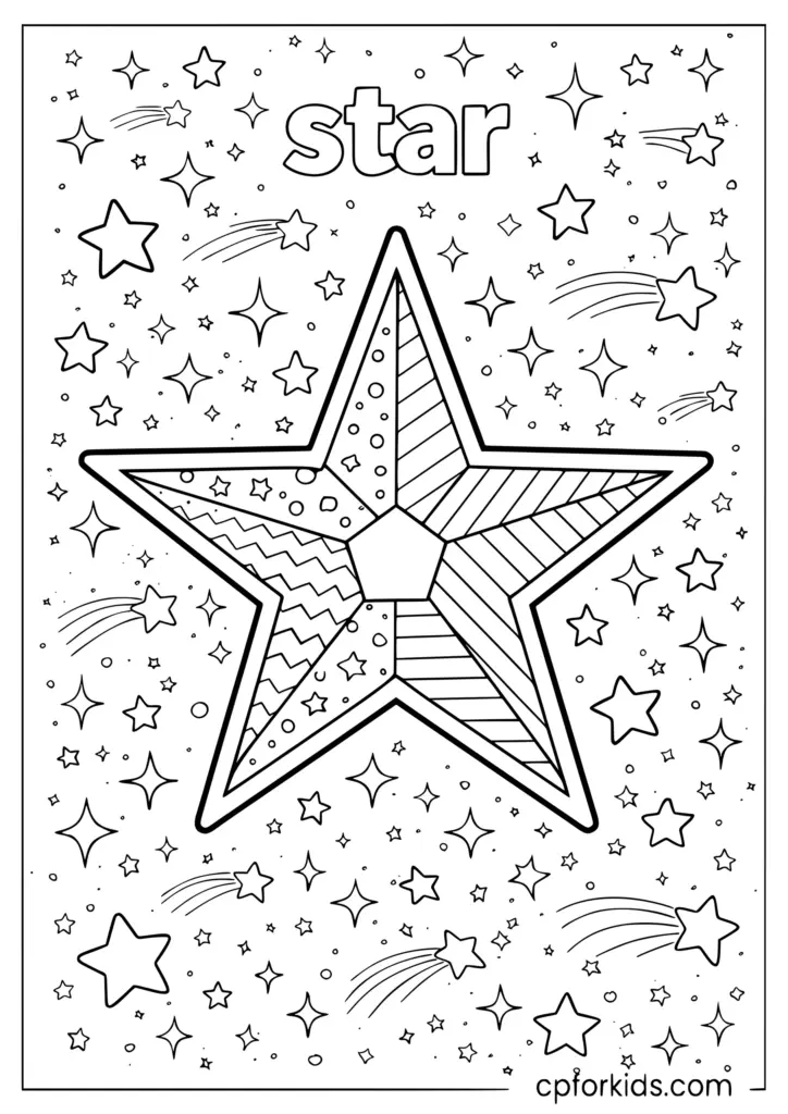 Star coloring page with scattered stars and word star