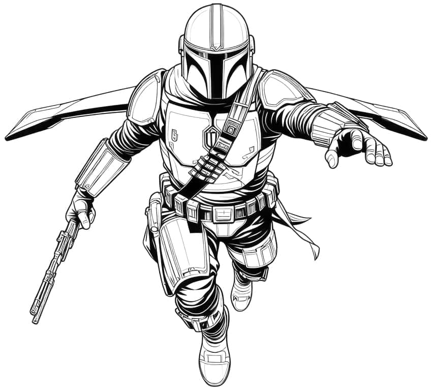 Armored helmeted warrior flying forward with blaster gun
