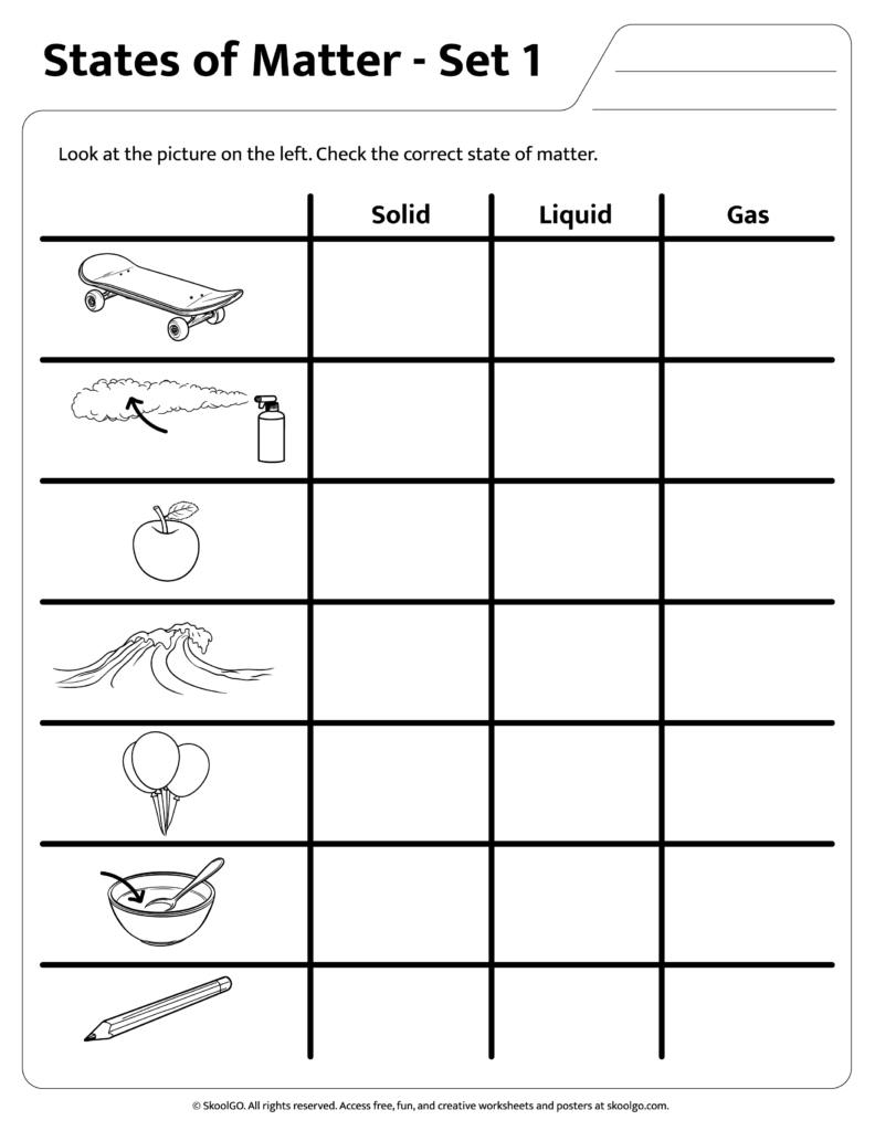 States of Matter worksheet with pictures and answer grid