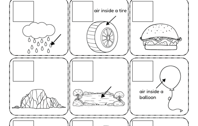 States of matter worksheet with nine picture boxes