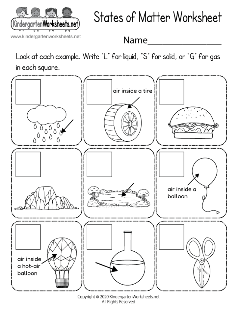 States of matter worksheet with nine picture boxes
