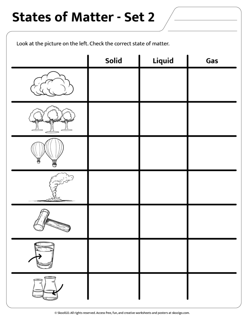 States of matter worksheet with pictures and checkboxes