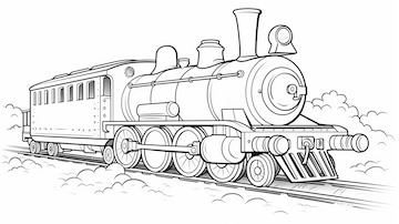 Black and white drawing of a steam locomotive and carriages