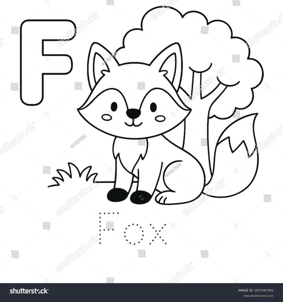 Cartoon fox with letter F and dotted text