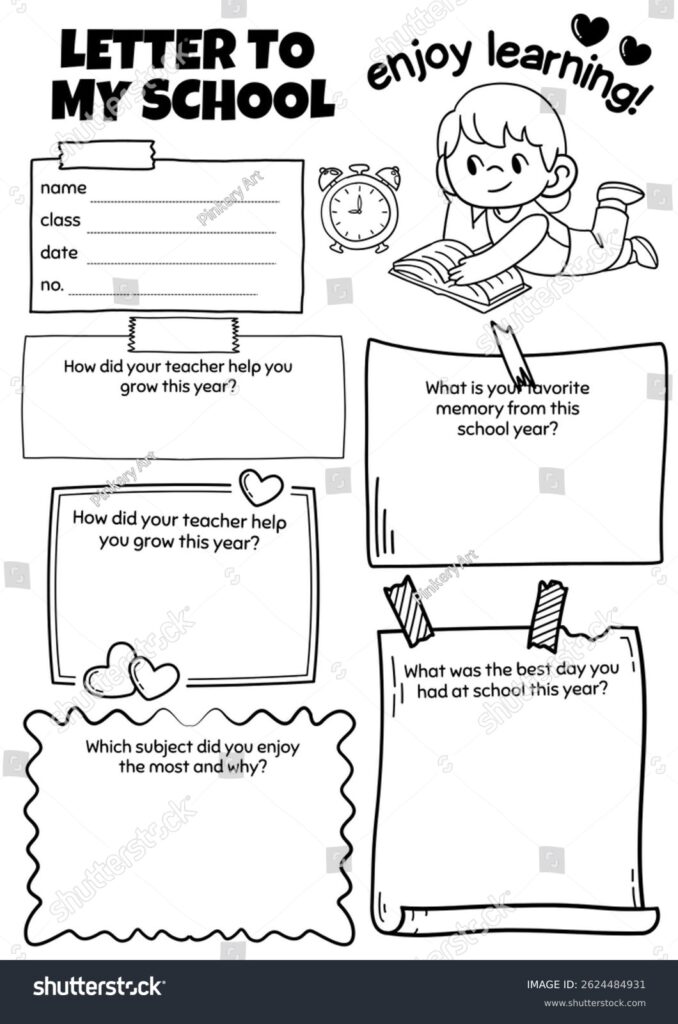 Black-and-white school year reflection worksheet with prompts and cartoon child