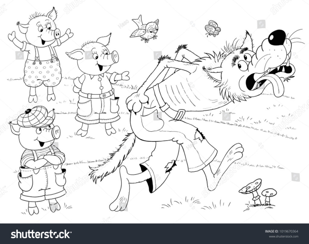 Black-and-white cartoon pigs and wolf in grassy field