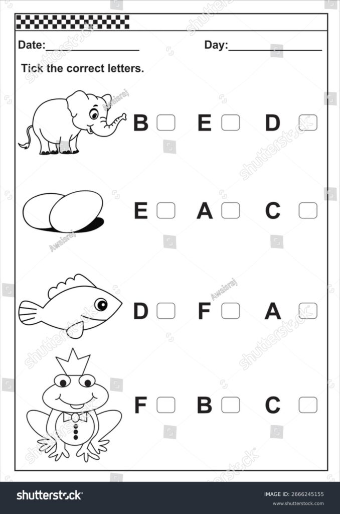Animal alphabet worksheet with letters and checkboxes