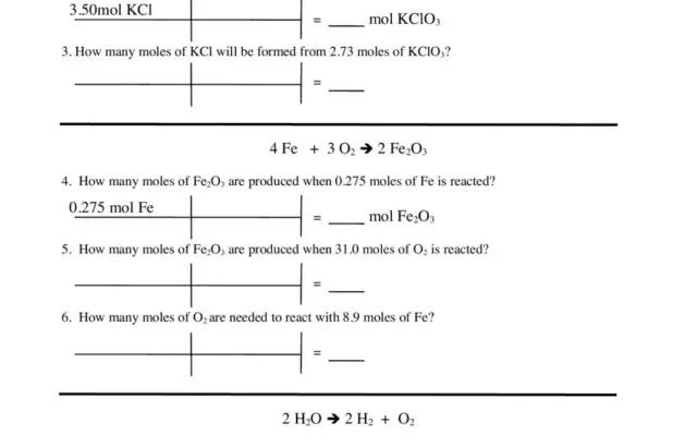 Stoichiometry worksheet with chemistry equations and questions