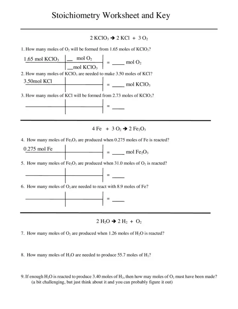 Stoichiometry worksheet with chemistry equations and questions