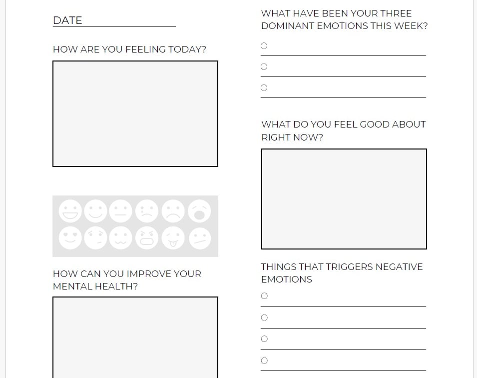 Blank mental health worksheet with emotion prompts and boxes