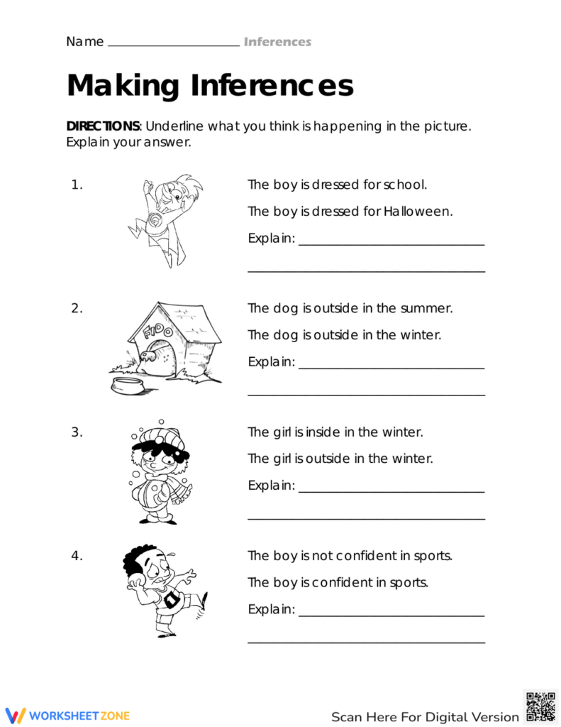 Making Inferences worksheet with four cartoon prompts