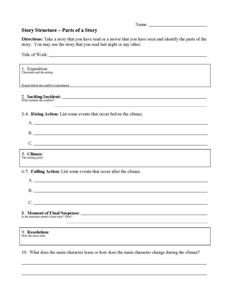Story structure worksheet with blank lines and boxes