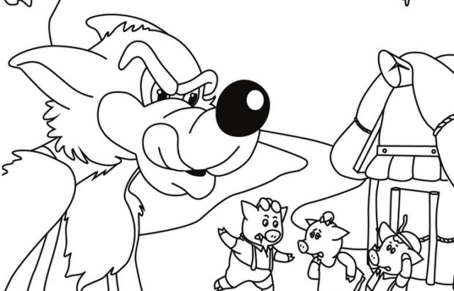 Cartoon wolf looming over three little pigs near house