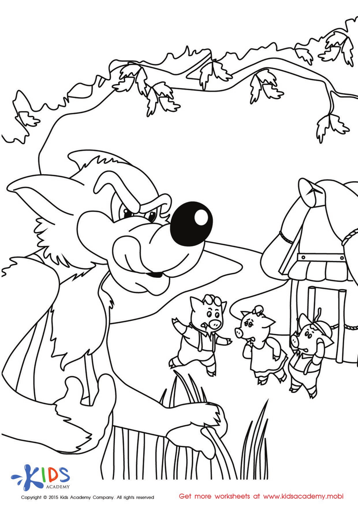 Cartoon wolf looming over three little pigs near house