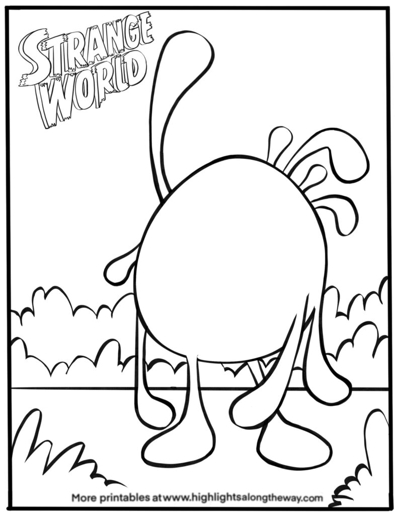 Black-and-white cartoon animal coloring page with Strange World text