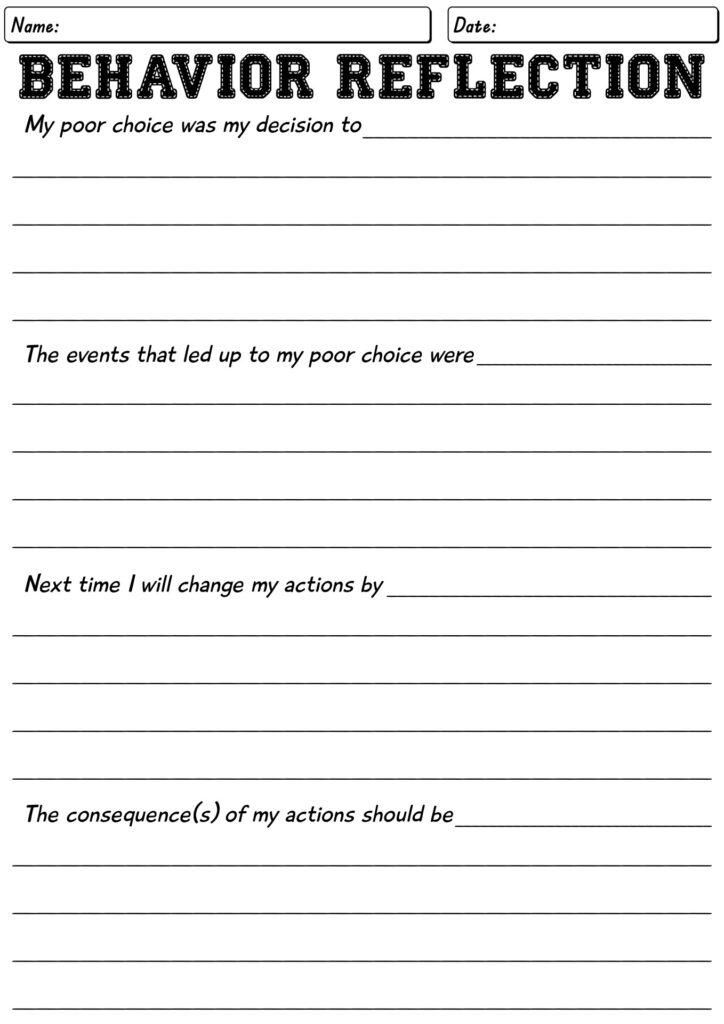 Behavior reflection worksheet with lined writing spaces