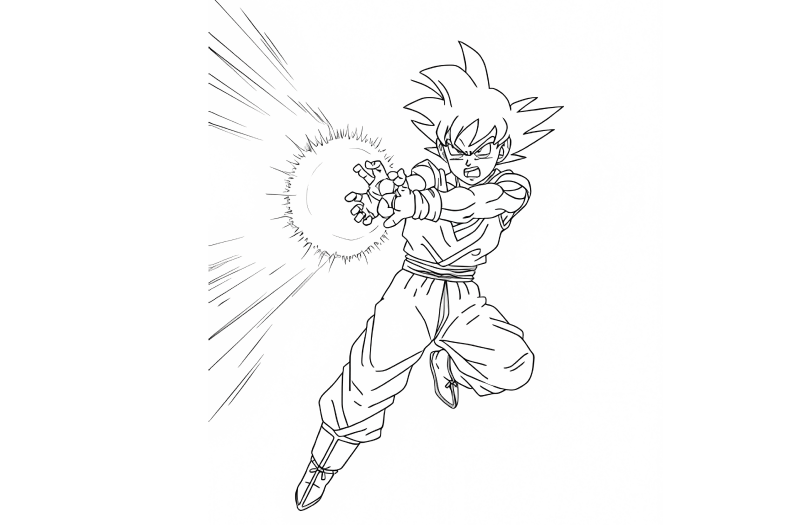 Black-and-white anime warrior firing energy blast