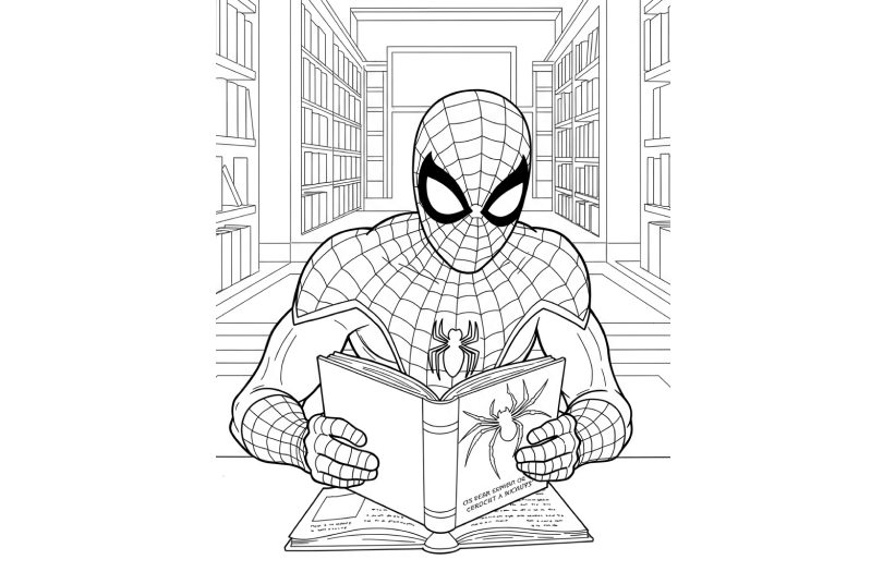 Spider-Man reading a book in a library