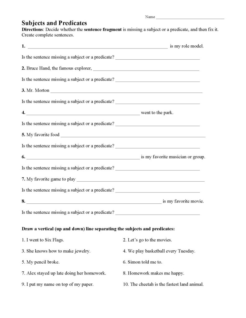 Subjects and predicates grammar worksheet with fill-in blanks
