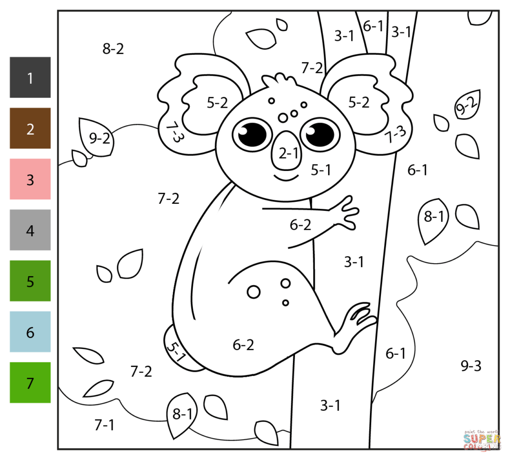Koala coloring worksheet with numbered sections and leaves