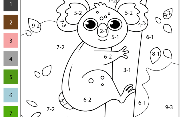 Koala coloring worksheet with numbered sections and leaves
