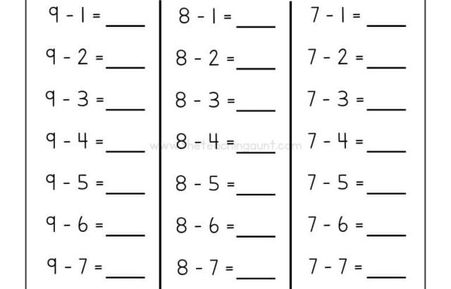 Subtraction practice worksheet with three number columns