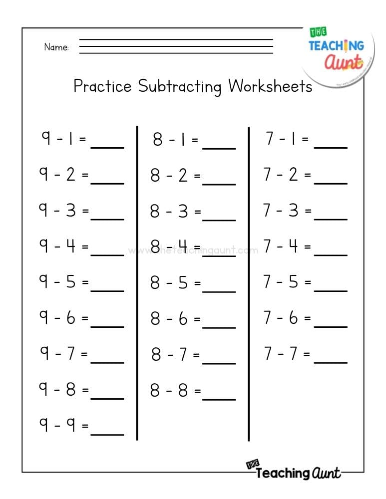 Subtraction practice worksheet with three number columns