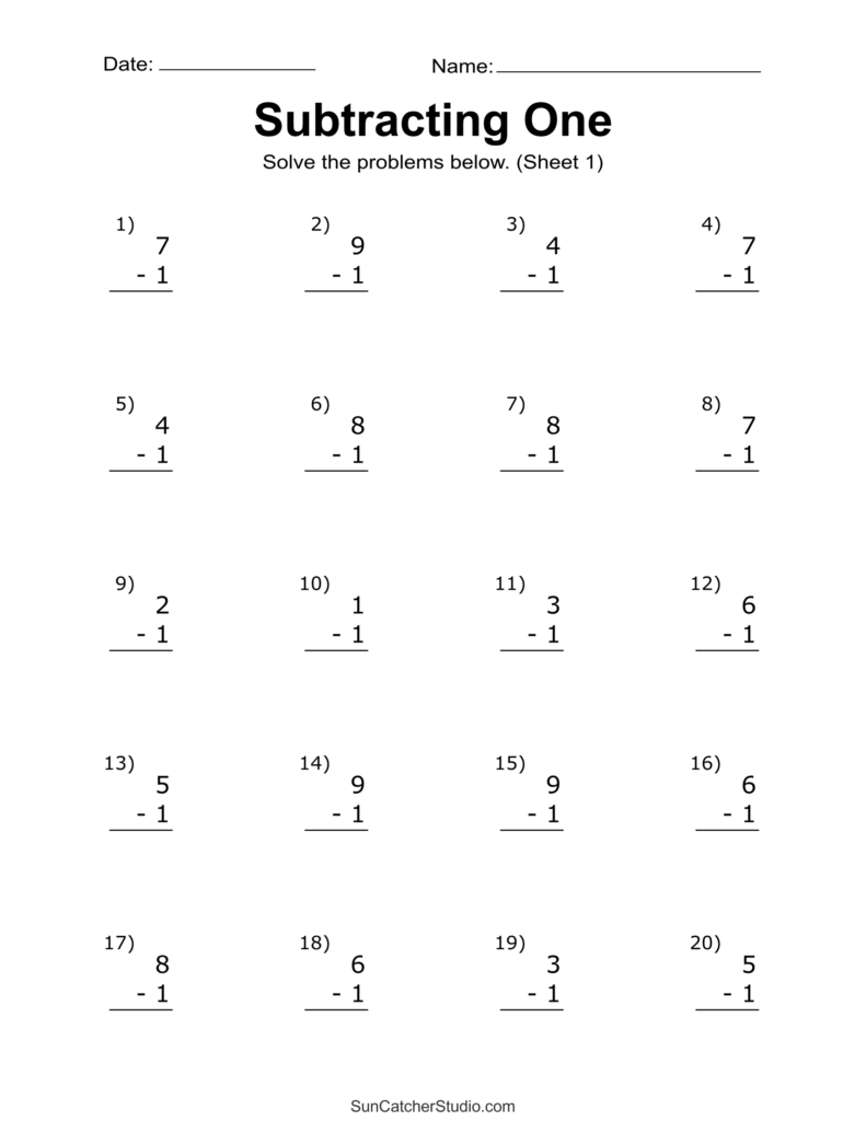 Math worksheet titled Subtracting One with 20 problems