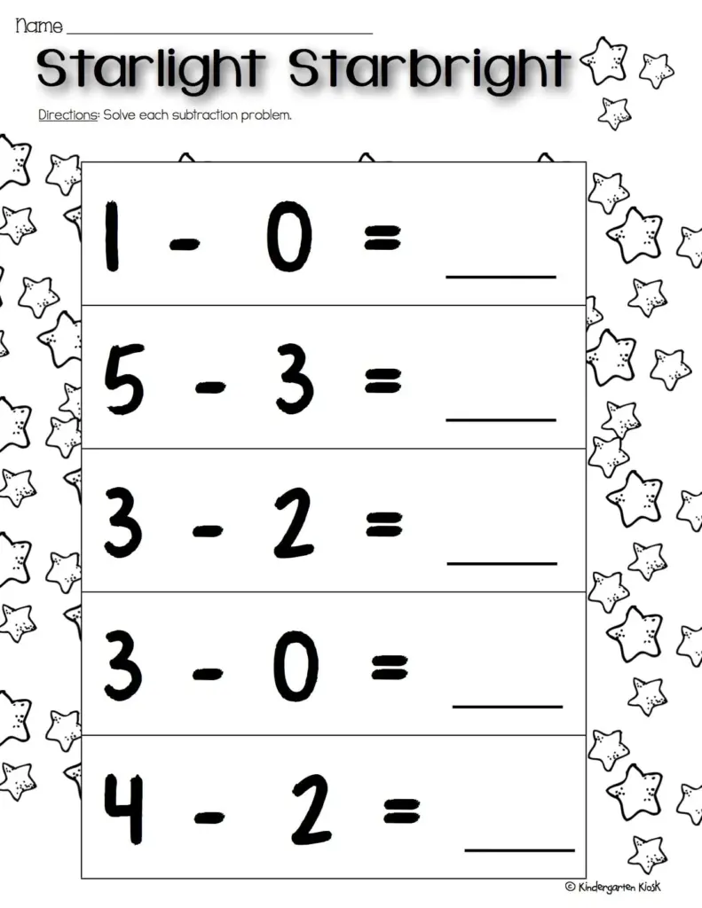Star-themed subtraction worksheet with five problems
