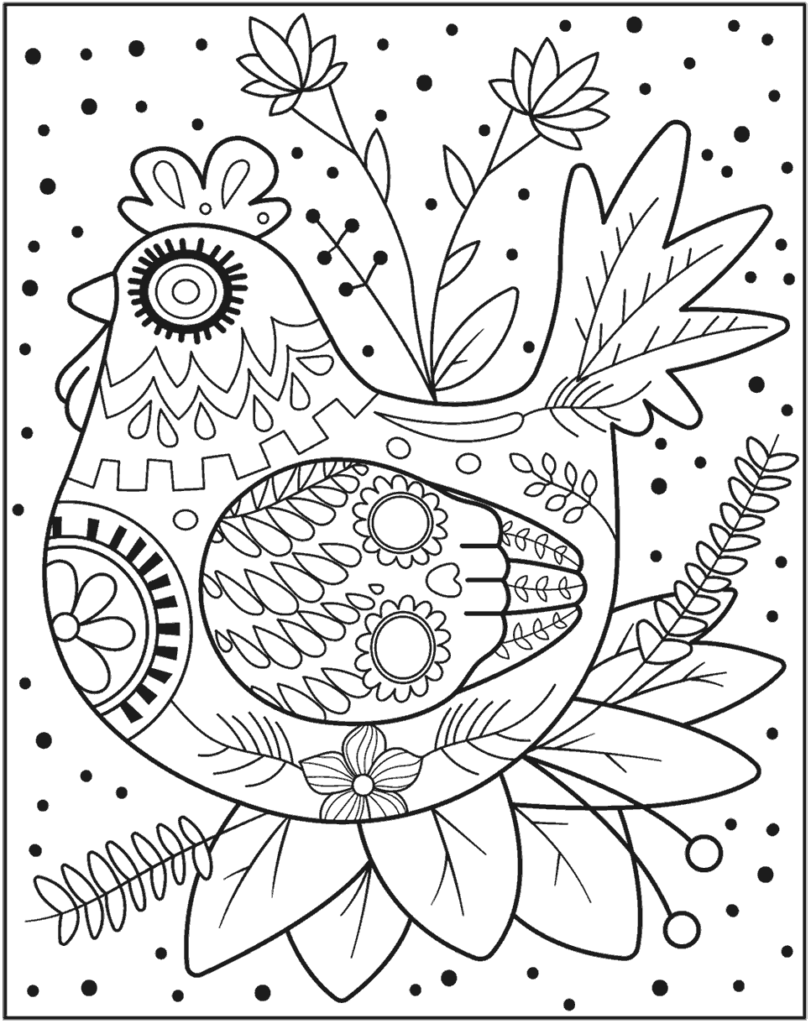 Decorative hen surrounded by leaves and flowers