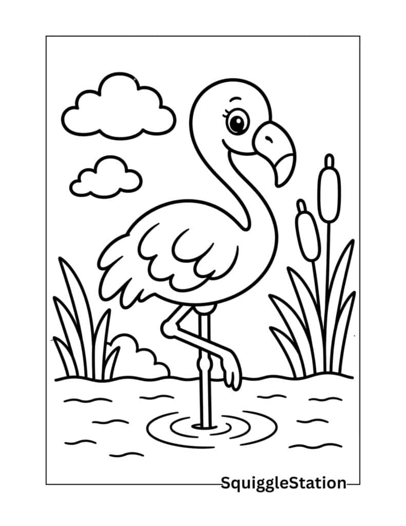 Black-and-white flamingo standing in water with clouds and reeds