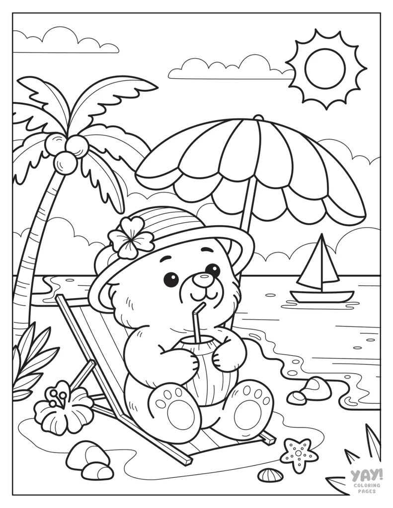 Teddy bear beach scene with umbrella and sailboat