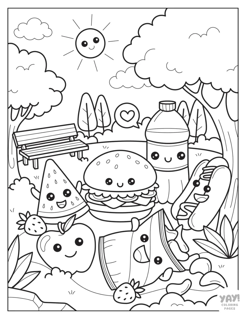 Cute picnic food characters in a park coloring page