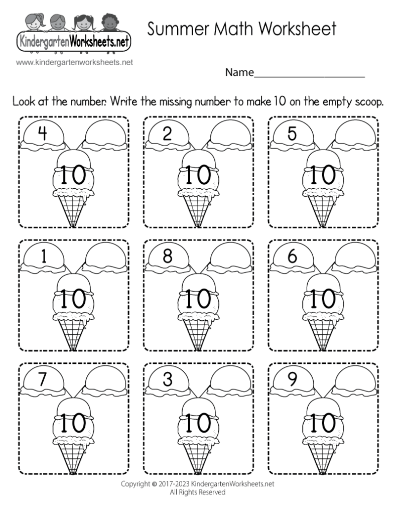 Summer math worksheet with ice cream scoops and numbers