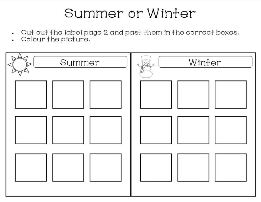Summer or Winter worksheet with empty boxes