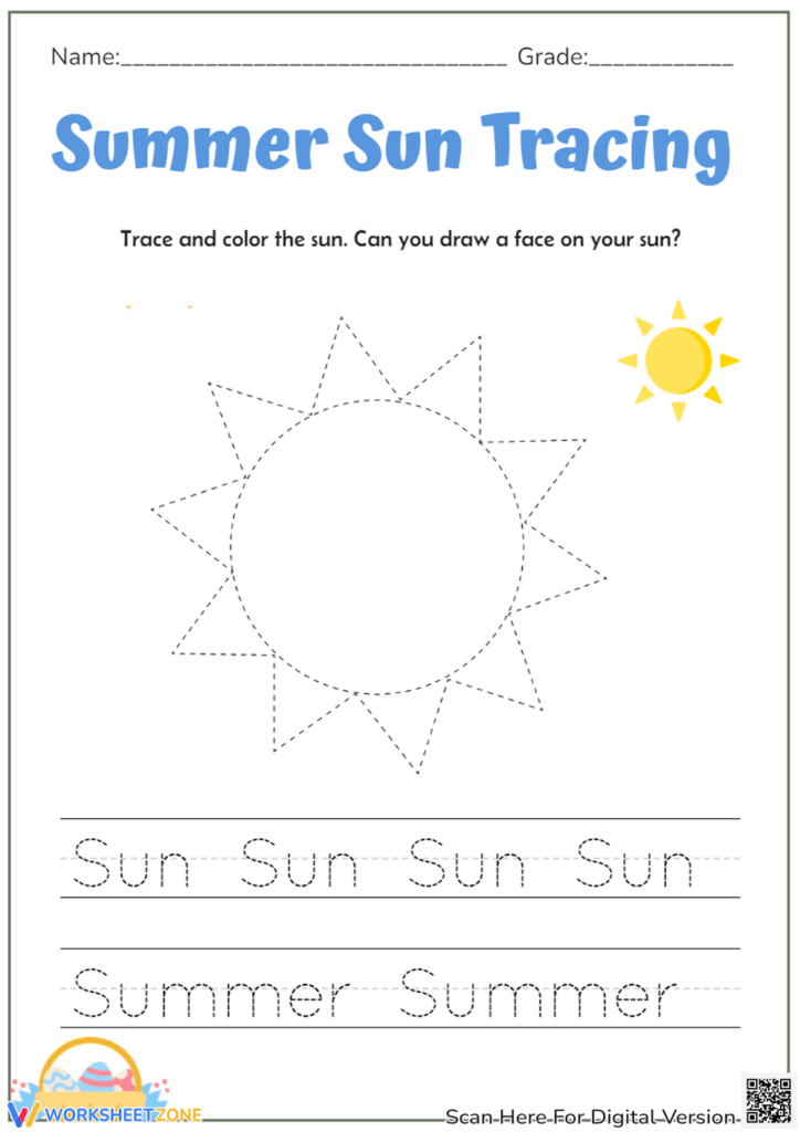Summer sun tracing worksheet with dotted sun outline