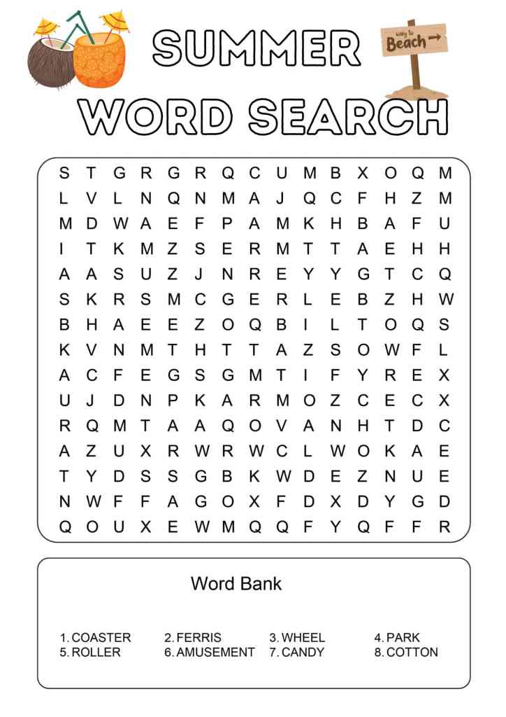 Summer word search worksheet with word bank and illustrations