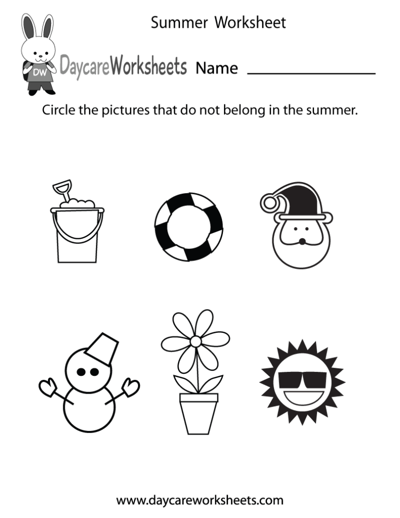 Summer worksheet with six summer-themed line drawings