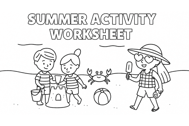 Summer activity worksheet with children, sandcastle, crab, and beach ball