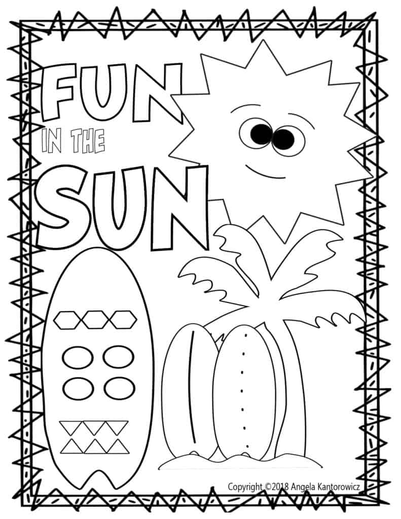 Black-and-white worksheet with sun, surfboard, and palm tree drawings