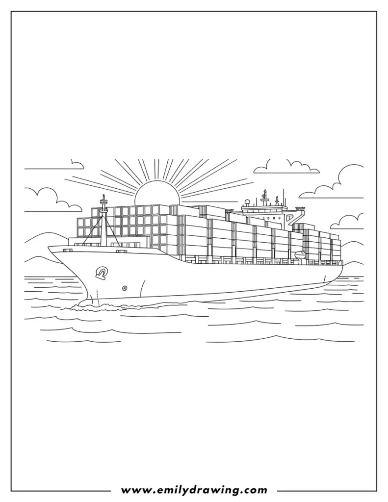 Line drawing of cargo ship at sea